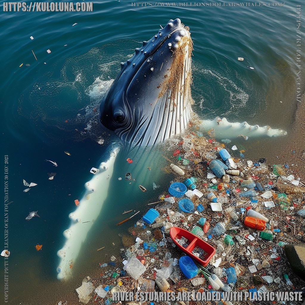 A young humpback whale swims among single use plastic, mostly coming from rivers in Asia